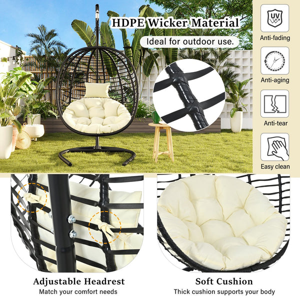 English Elm U_style Wicker Hanging Egg Chair with Stand Hdpe Cocoon Swing for Balcony Garden Black+Beige N711P389503A