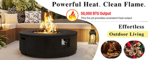 English Elm U_style Round Mgo Propane Fire Pit 50000 Btu Sculptural Outdoor Patio Table with Lava Rocks Black N711P410549E