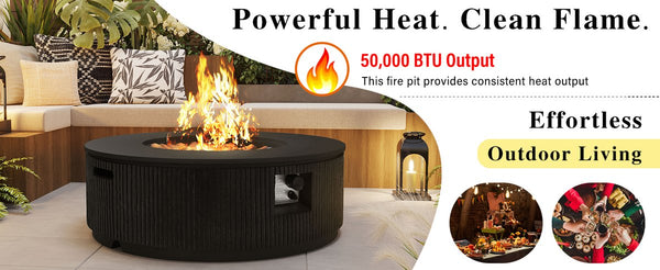English Elm U_style Round Mgo Propane Fire Pit 50000 Btu Sculptural Outdoor Patio Table with Lava Rocks Black N711P410549E