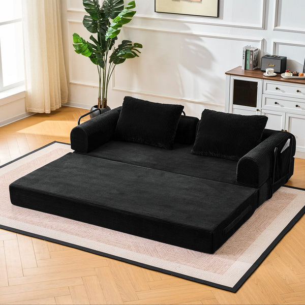 English Elm Convertible Corduroy Sleeper Sofa Foldable Three Seat Couch for Studio or Bedroom Black W3366P447116