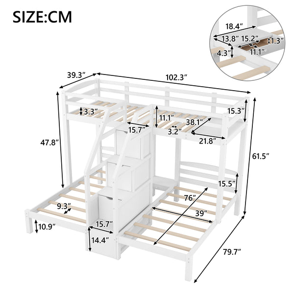 English Elm Twin Triple Bunk Bed Pine Frame with Staircase Storage Drawers for Kids Rooms GX000309AAK