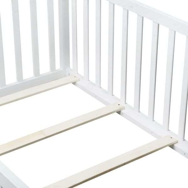 English Elm Twin House Frame Floor Bed Rubberwood with Roof Canopy and Safety Rails for Kids White W504P429538