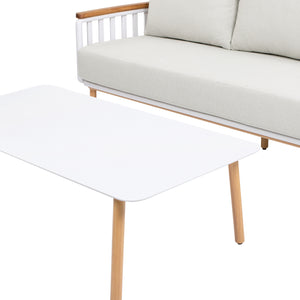 English Elm Jennifer Taylor Home - Calarono Teak & Aluminum 2pc Outdoor Sofa + Coffee Table Set in Sand Dune Chenille — Durable, UV‑Resistant Comfort and Modern Slatted Design B2719P320845