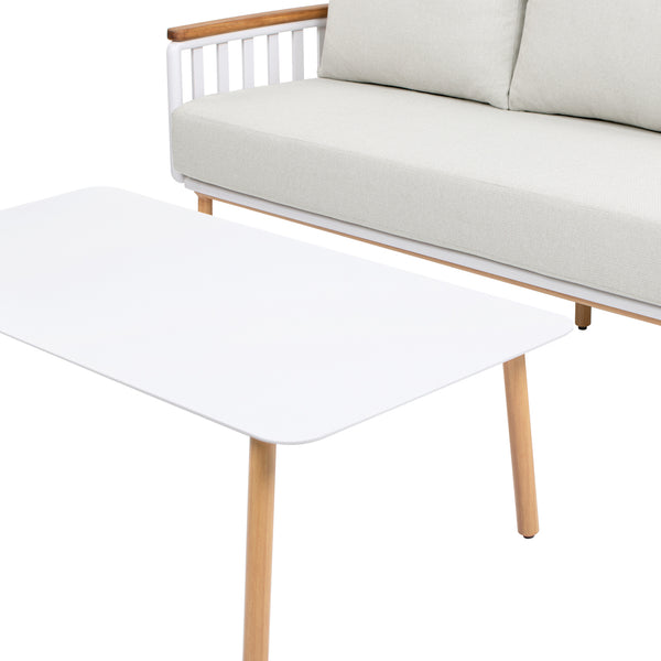 English Elm Jennifer Taylor Home - Calarono Teak & Aluminum 2pc Outdoor Sofa + Coffee Table Set in Sand Dune Chenille — Durable, UV‑Resistant Comfort and Modern Slatted Design B2719P320845