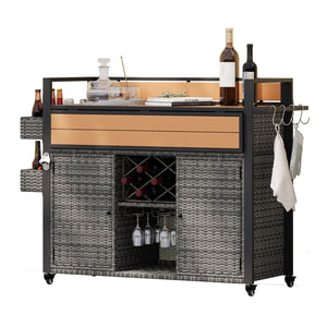 English Elm K&K Wicker Outdoor Grill Cart with Foldable Drop Leaf, Locking Wheels, Wine Rack & Ample Storage Grey N707P233747G