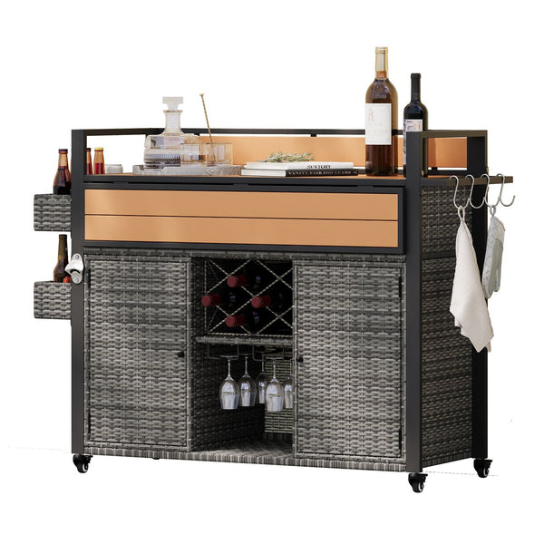 English Elm K&K Wicker Outdoor Grill Cart with Foldable Drop Leaf, Locking Wheels, Wine Rack & Ample Storage Grey N707P233747G