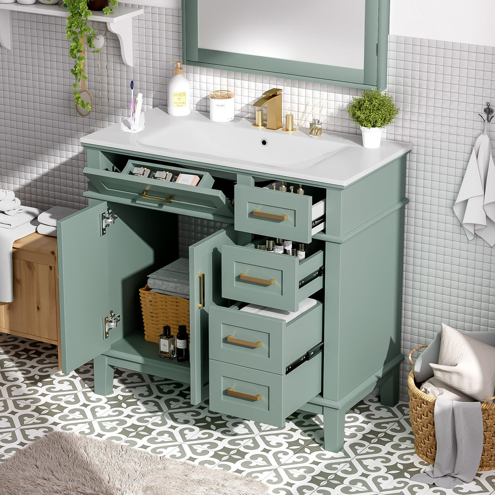 English Elm 36" Green Modern Bathroom Vanity with Ceramic Sink, 4 Soft-Close Drawers & Doors, Solid Wood Build N729P253935F