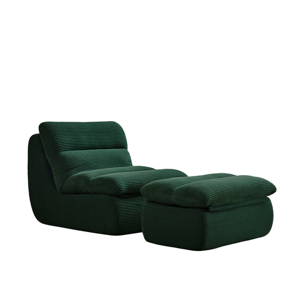 English Elm Modern Compressed Lounge Chair with Ottoman Corduroy Recliner Small Space Sofa High-Density Foam Comfort Green W1036P251819