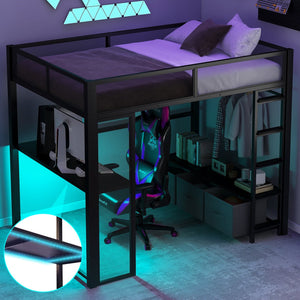 English Elm Full Metal Gaming Loft Bed with LED Lighting, Built-In Desk, Open Wardrobe and 3 Drawers for Space-Saving Comfort Black GX001133AAB