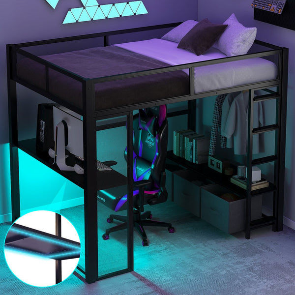 English Elm Full Metal Gaming Loft Bed with LED Lighting, Built-In Desk, Open Wardrobe and 3 Drawers for Space-Saving Comfort Black GX001133AAB