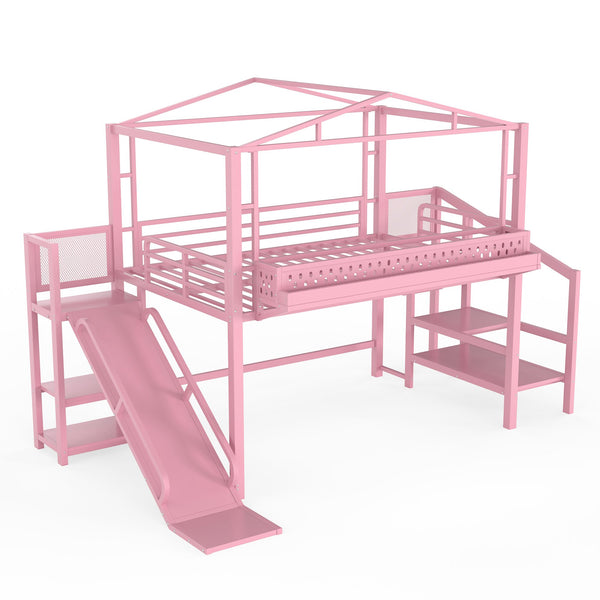 English Elm Twin Metal Loft Bed with Built-in Wardrobe Storage Stairs Led Lights and Usb Ports W5316S00048