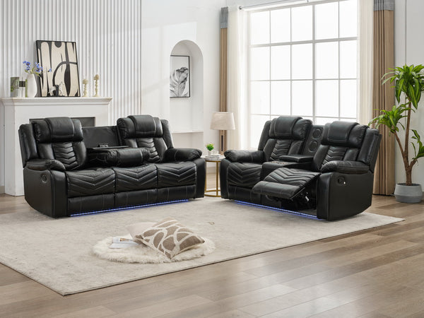 English Elm Ms Two Piece Manual Reclining Sofa Set Faux Leather Led Ambient Living Room Black W1805S00176