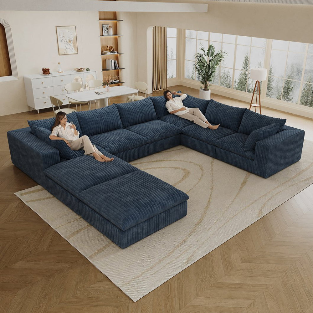 English Elm 157.6" Corduroy Modular Cloud Sofa Feather Fill Deep Lounge Seating for Living Room Blue W2824S00158