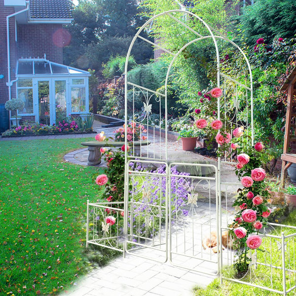 English Elm Metal Garden Arch Gate with Planter Stands Powder Coated Steel Rose Climbing Support W1586P243826