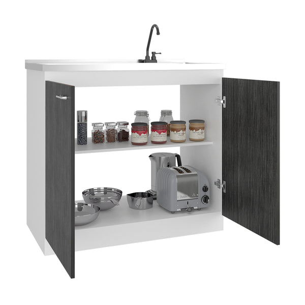 English Elm Zurich Freestanding Stainless Steel Utility Sink with Black Storage Cabinet for Garage Grey+White B200S00457