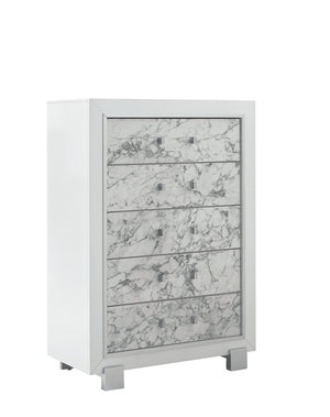 English Elm SKYE Marble White Chest with Marble-Style Drawer Fronts, Solid Wood Build, Spacious Drawers, Knob Hardware B201P215930