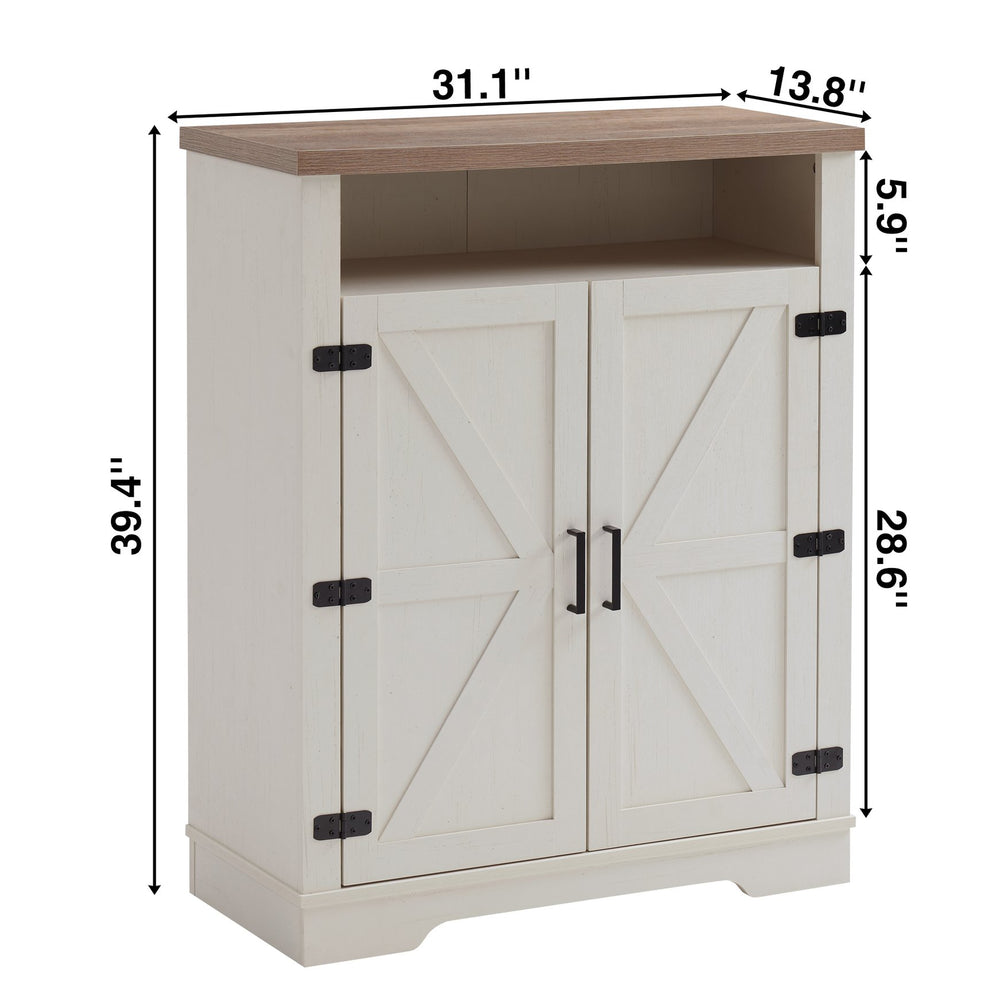 English Elm 6-Tier Shoe Storage Cabinet Farmhouse White+Oak with Adjustable Shelves, 2-Tier Open Tray & Anti-Tip Safety W3151P264510