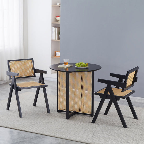 English Elm 2 Black Rubberwood Dining Chairs With Rattan Weaving - Stylish, Comfortable & Versatile Living Room Seating W2720P237607
