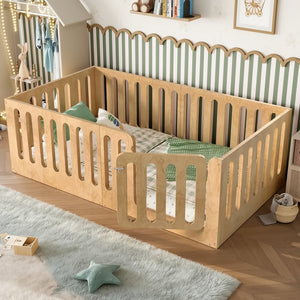 English Elm Twin Solid Pine Montessori Floor Bed with House Frame Door and Safety Fence Natural W5305P420633