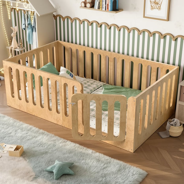 English Elm Twin Solid Pine Montessori Floor Bed with House Frame Door and Safety Fence Natural W5305P420633