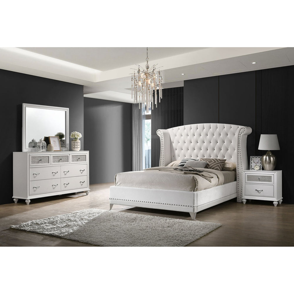English Elm Randall Glam Queen Bedroom Set Tufted Leatherette Bed Dresser Mirror Nightstand B062S01416