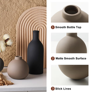 English Elm Rustic Matte Ceramic Vase Trio Neutral Tones Shelf Mantel Farmhouse Boho Decor Black+ Gray W2181P475133