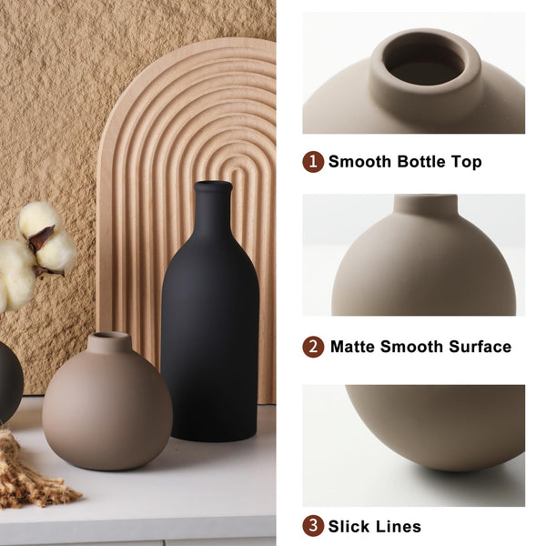 English Elm Rustic Matte Ceramic Vase Trio Neutral Tones Shelf Mantel Farmhouse Boho Decor Black+ Gray W2181P475133