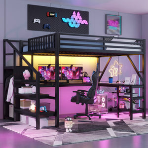 English Elm Metal Queen Loft Bed with L Shaped Desk Wardrobe Rgb Lighting and Usb Charging W2593S00065