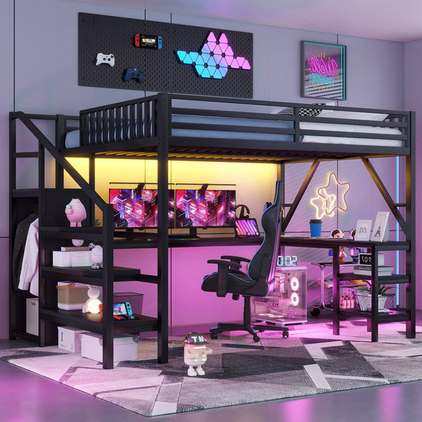 English Elm Metal Queen Loft Bed with L Shaped Desk Wardrobe Rgb Lighting and Usb Charging W2593S00065