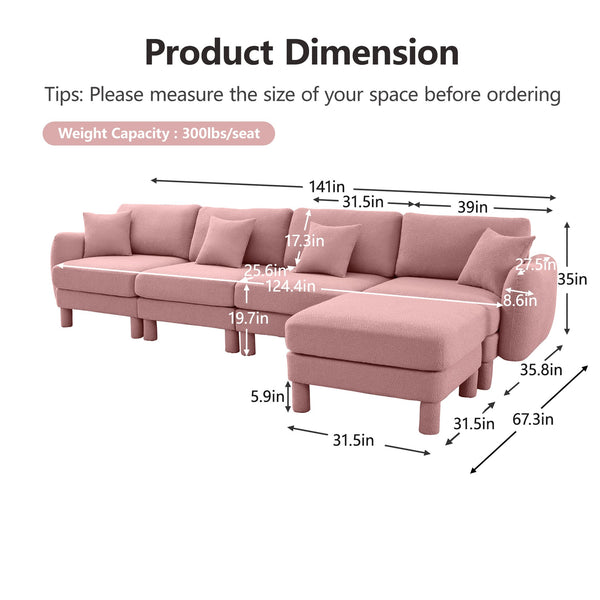 English Elm Boucle Fabric Convertible L-Shape Sectional Sofa With Shell Armrests & Removable Ottoman In Pink W3041S00296
