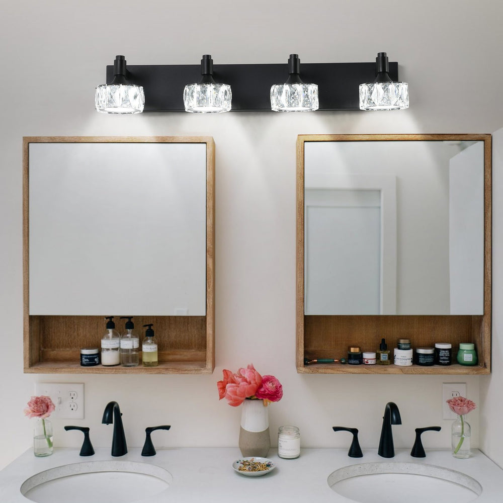 English Elm Modern 4-Light Matte Black LED Vanity Light with Crystal Shades, Dimmable 6000K 1300LM Bathroom W2312P374902