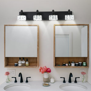 English Elm Modern 4-Light Matte Black LED Vanity Light with Crystal Shades, Dimmable 6000K 1300LM Bathroom W2312P374902