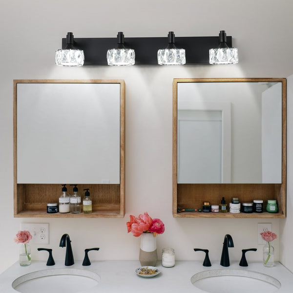 English Elm Modern 4-Light Matte Black LED Vanity Light with Crystal Shades, Dimmable 6000K 1300LM Bathroom W2312P374902