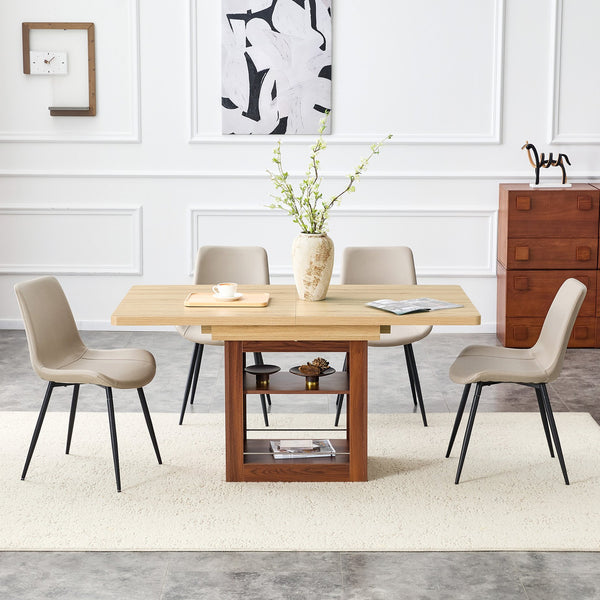 English Elm Scalable Extendable Dining Set Four Chairs Linen Upholstered Walnut Base Modern Black,Walnut,Warm Grey,Wood W1151S04681