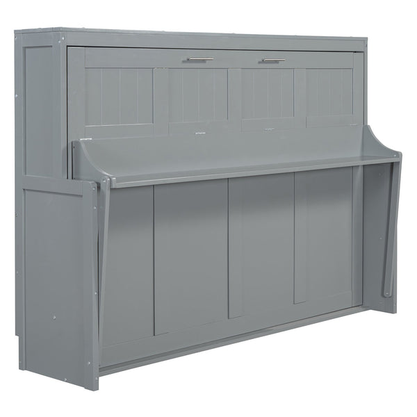 English Elm Full Size Murphy Bed With Hydraulic Lift & Integrated Desk For Space-Saving, Gray Pinewood Design N820S00032E