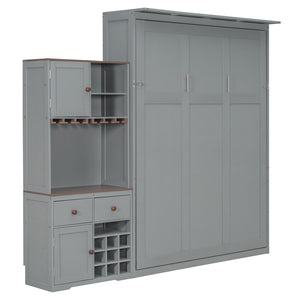 English Elm Queen Murphy Bed with Wine Rack Glass Holder Led Lighting and Cabinet White Gray LP000391AAE