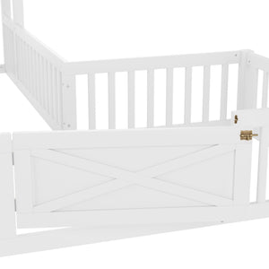 English Elm Twin House Floor Bed with Door & Full-Length Guardrails, Solid Wood Twin Loft Alternative for Kids White W1580P327128