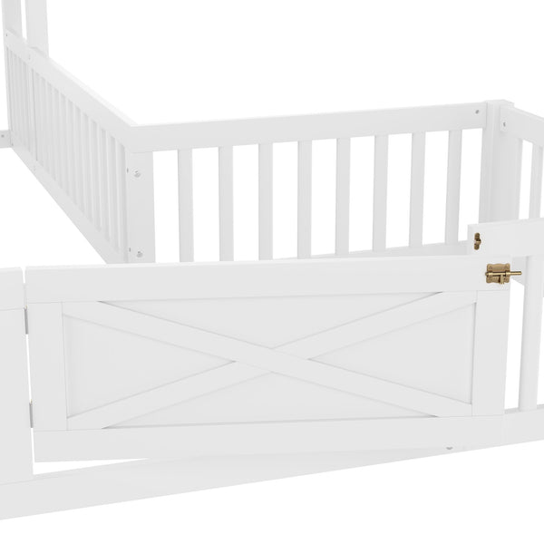 English Elm Twin House Floor Bed with Door & Full-Length Guardrails, Solid Wood Twin Loft Alternative for Kids White W1580P327128