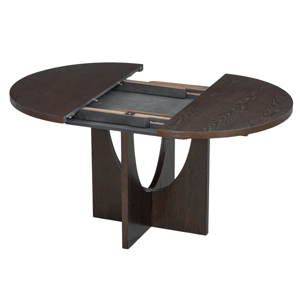 English Elm Topmax Extendable Round Dining Set with Linen Chairs and Pedestal Base Seats Five Espresso N717S000062P