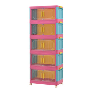 English Elm Happy 20" Side Wide Folding Storage Cabinet with 5 Tiers, Wheels, Magnetic Door, Durable PP Design Pink+Blue W2873P279886