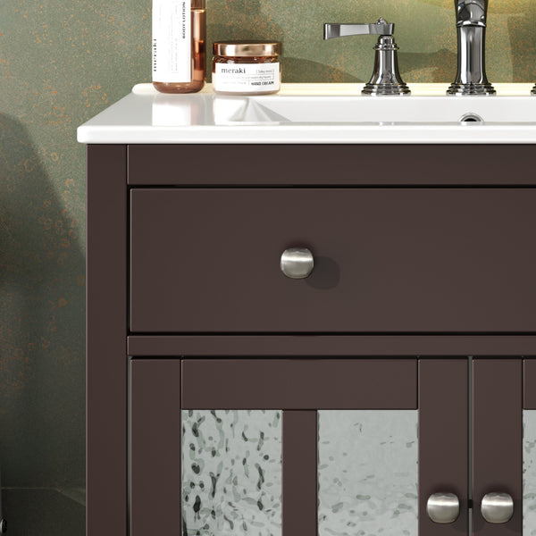 English Elm Christopher Knight Home® - 30" Bathroom Vanity with Ceramic Sink, Solid Wood Legs, Adjustable Shelf, Tip-Out Tray, Soft-Close Hinges, Silver Knobs, Moisture-Resistant Finish Dark Brown N817P286250D