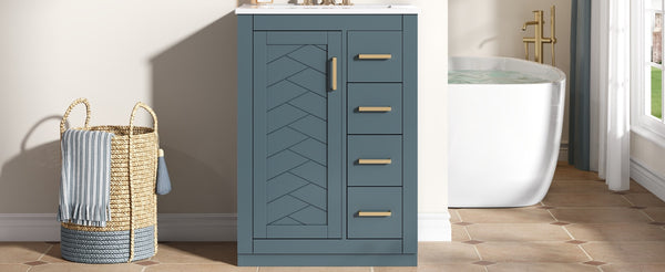 English Elm 24" Bathroom Vanity With Ceramic Sink - Stylish Blue Cabinet, Soft-Close Drawers & Modern Elegance N710P341038C