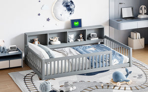 English Elm Wood Twin XL Floor Bed with Built-In Storage Cabinets, USB Charging Ports, Space-Saving Design Gray N709P205811E