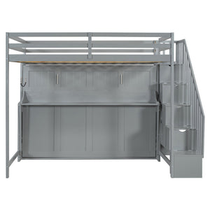 English Elm Full Over Murphy Bunk Bed with Hydraulic Lift Desk and Staircase Storage Gray LP200698AAE