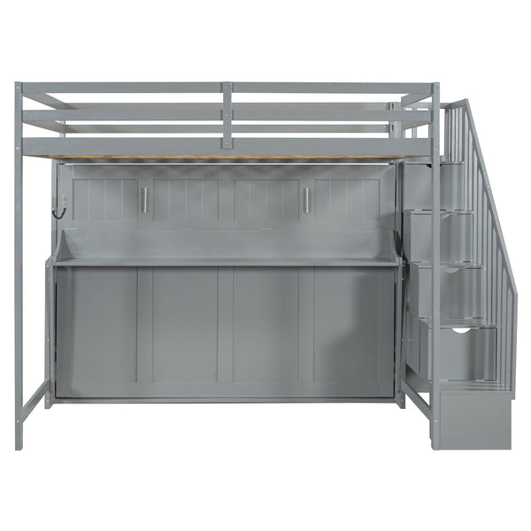 English Elm Full Over Murphy Bunk Bed with Hydraulic Lift Desk and Staircase Storage Gray LP200698AAE