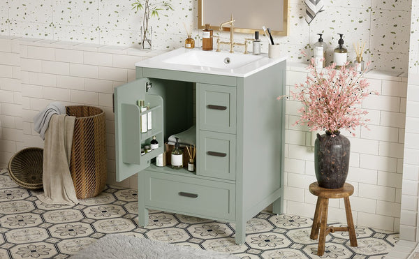 English Elm Modern 24 Inch Bathroom Vanity Solid Wood Cabinet with Ceramic Sink and Soft Close Storage Green N729P292859F