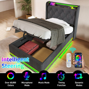English Elm Twin Upholstered Bed with Hydraulic Storage, Surround LED, App/Remote Control & USB Type-C Charging Gray N736P188805G