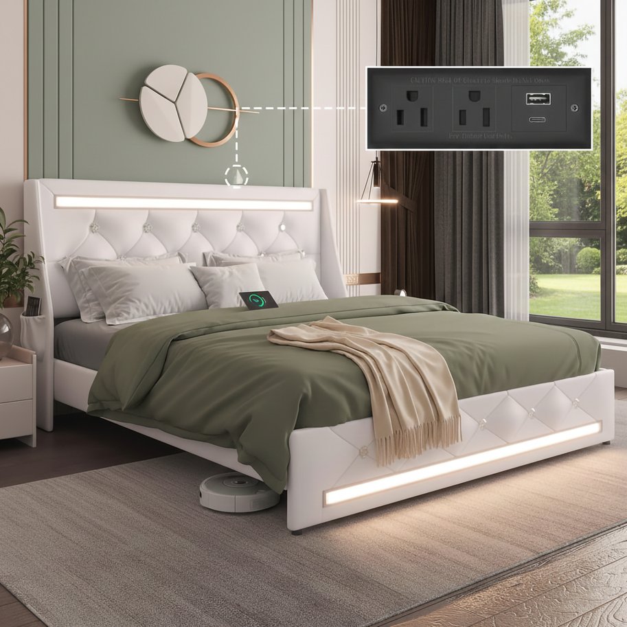 English Elm Full Platform Bed Faux Leather Diamond Tufted Headboard Led Lighting Charging Station White W5722P462371