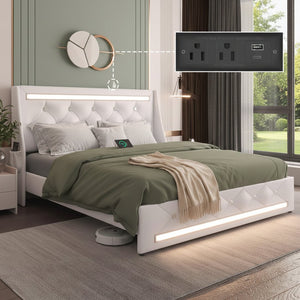 English Elm Queen Platform Bed Wingback Diamond Quilted Headboard Led Lighting Storage Drawers White W5722P462388