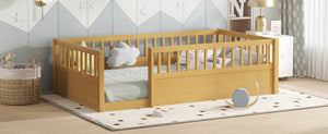 English Elm Twin Montessori Floor Bed Frame for Kids – Pine Playroom Bed with Fence for Reading & Imaginative Play Natural W1580P307880
